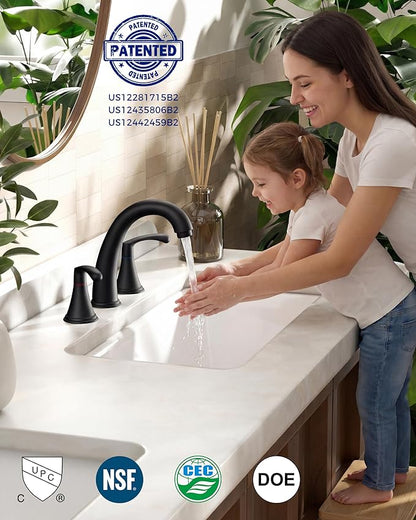 FORIOUS Black Bathroom Faucet 3 Hole, Widespread Bathroom Sink Faucet 8 Inch with Pop Up Drain and CUPC Supply Hose, 2 Handle for Vanity Rv Commercial Lavatory Restroom