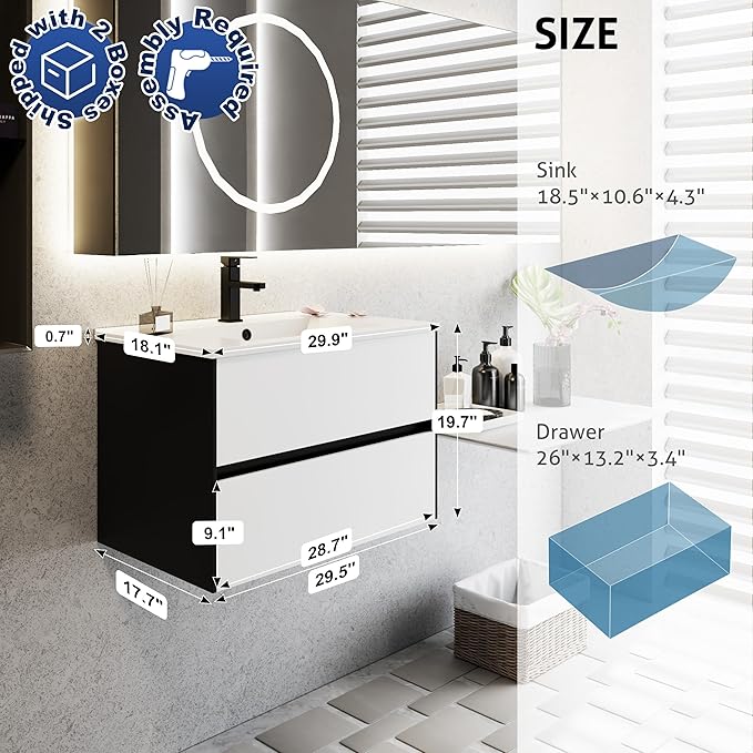 eclife 30" Bathroom Vanity Cabinet with Undermount White Sink Combo, Wall Mounted Floating Bathroom Cabinet with Colors Mixed Style, 2 Big Drawers & Matte Black Faucet