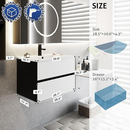 eclife 30" Bathroom Vanity Cabinet with Undermount White Sink Combo, Wall Mounted Floating Bathroom Cabinet with Colors Mixed Style, 2 Big Drawers & Matte Black Faucet