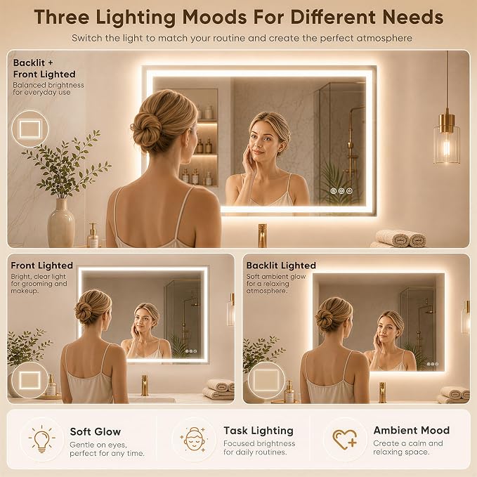Antok 55x30 LED Bathroom Mirror with Lights, Backlit + Front Lit Vanity Mirror with CRI>90, Dimmable Anti-Fog Smart Mirror with Memory Function, 3 Color Temperatures, Shatterproof Tempered Glass, ETL