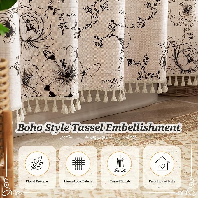 Vintage Black Floral Shower Curtain with 12 Clear Rings - 72" W x 84" L | Farmhouse Fabric Faux Linen Shower Curtain Set, French Country Cottagecore Style Shower Curtain for Bathroom