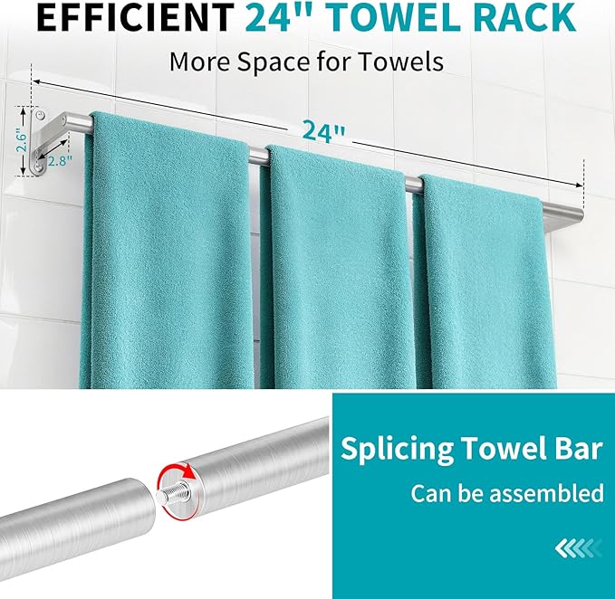 KLJKPA 2-Pack Towel Bar for Bathroom, 24 Inch Towel Rack, Brushed Nickel | Heavy Duty Single Towel Rod, Space-Saving Hand Towel Holder, Toilet Kitchen Towel Storage, Rustproof, Stainless Steel