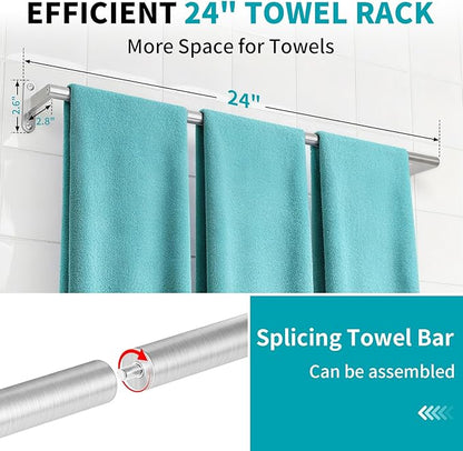 KLJKPA 2-Pack Towel Bar for Bathroom, 24 Inch Towel Rack, Brushed Nickel | Heavy Duty Single Towel Rod, Space-Saving Hand Towel Holder, Toilet Kitchen Towel Storage, Rustproof, Stainless Steel