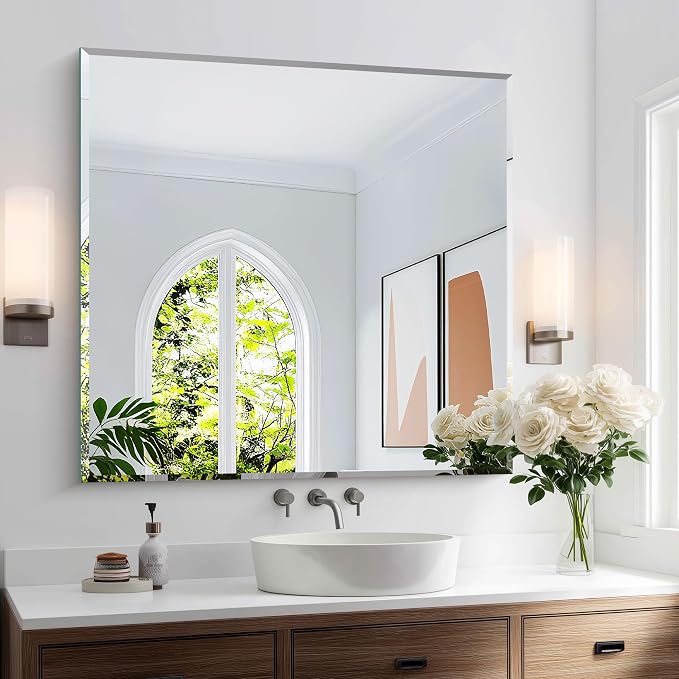 KOCUUY Beveled Bathroom Mirror, 36x36 inch Frameless Rectangle Mirror for Over Sink, Upgraded Shatterproof Unframed Design for Bedroom, Living Room, Entryway