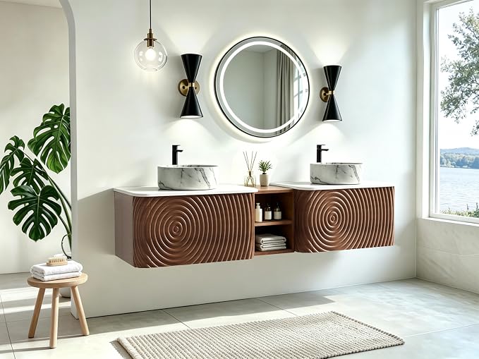 72" Floating Bathroom Vanity with Double Sink, Mid-Century Wall Mounted Bathroom Vanity Cabinet with Wood Waved Decor, Marble Ceramic Basin, Sintered Stone Top, Soft Close Drawer, Side Open Cube