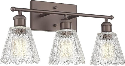 3-Light Bathroom Light Fixtures, HWH Farmhouse Sconce Wall Lighting for Mirror, Modern Wall Sconces with Clear Floral Glass, Oil-Rubbed Bronze Finish, 5HJX110B-3W ORB