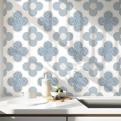 Peel & Stick Floor Tiles Self Adhesive Vinyl Flooring 11.8" x 11.8", DIY Tile Stickers for Kitchen Living Room Waterproof Removable Terrazzo Look Blue PP Material 10 Sheets