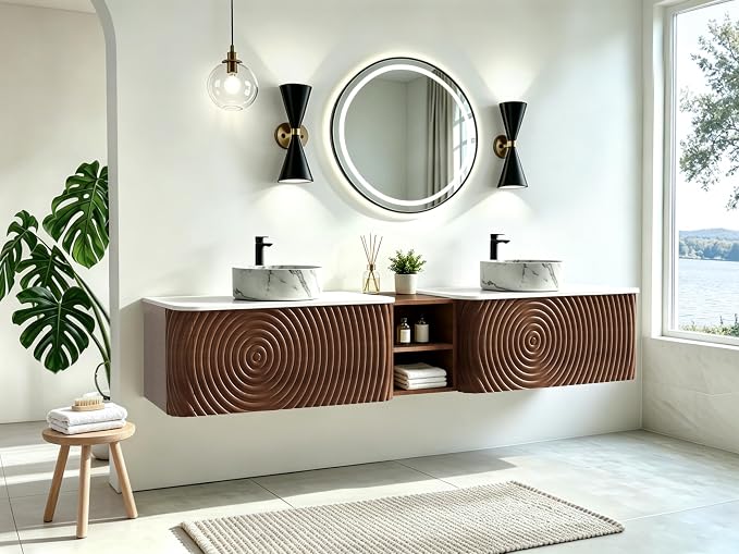 84" Floating Bathroom Vanity with Double Sink, Mid-Century Wall Mounted Bathroom Vanity Cabinet with Wood Waved Decor, Marble Ceramic Basin, Sintered Stone Top, Soft Close Drawer, Side Open Cube
