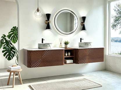 84" Floating Bathroom Vanity with Double Sink, Mid-Century Wall Mounted Bathroom Vanity Cabinet with Wood Waved Decor, Marble Ceramic Basin, Sintered Stone Top, Soft Close Drawer, Side Open Cube