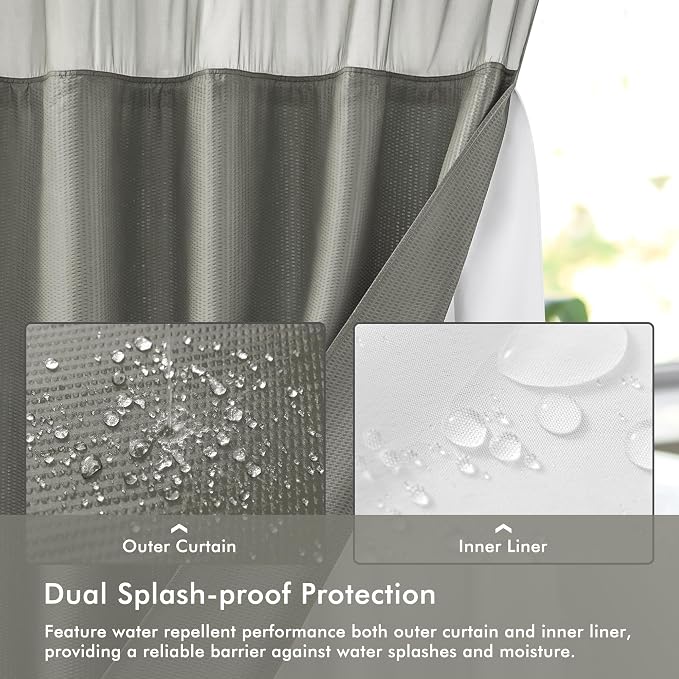 No Hook Gray Shower Curtain with Snap-in Fabric Liner 71x74 | Embossed Waffle-Look Textured, Sheer Window, Soft & Lightweight, Water Repellent Fabric Shower Curtain for Bathroom
