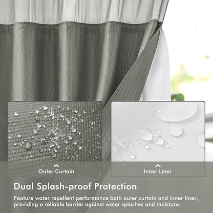 No Hook Gray Shower Curtain with Snap-in Fabric Liner 71x74 | Embossed Waffle-Look Textured, Sheer Window, Soft & Lightweight, Water Repellent Fabric Shower Curtain for Bathroom