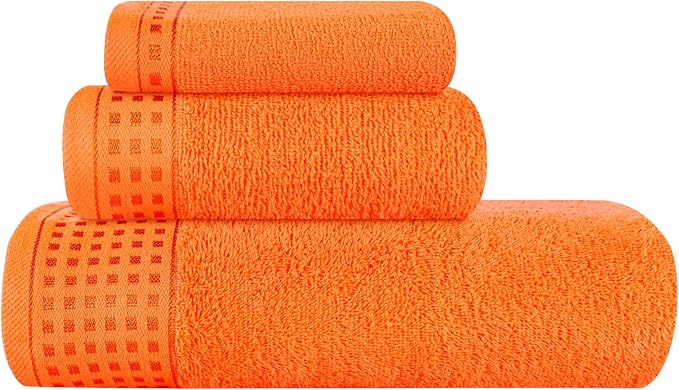 GLAMBURG Ultra Soft 3 Pack Cotton Towel Set, Contains a Bath Towel 28x55 inch, a Hand Towel 16x24 inch & a Wash Coth 12x12 inch, Ideal Everyday use, Compact & Lightweight - Orange