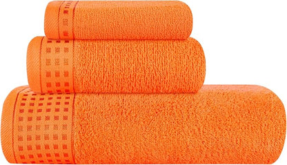GLAMBURG Ultra Soft 3 Pack Cotton Towel Set, Contains a Bath Towel 28x55 inch, a Hand Towel 16x24 inch & a Wash Coth 12x12 inch, Ideal Everyday use, Compact & Lightweight - Orange