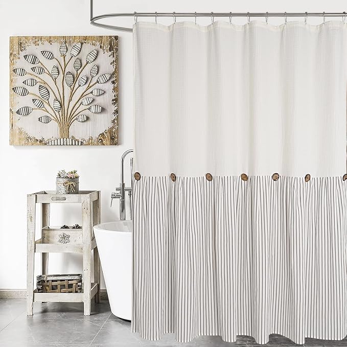 DOSLY IDÉES Farmhouse Shower Curtain, Beige and Gray Striped, Spa Beige Waffle, Button Curtain, Cotton Woven Fabric, Country, Rustic, Shabby Chic, 72x72 in