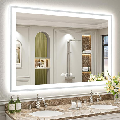 55x40 Inch Brushed Nickel LED Bathroom Mirror, Backlit & Front Lit | Silver Framed Anti-Fog Lighted Vanity Mirror with Lights, 3 Color Dimmable, Memory, HD Tempered Glass, CRI95, IP54, UL Listed