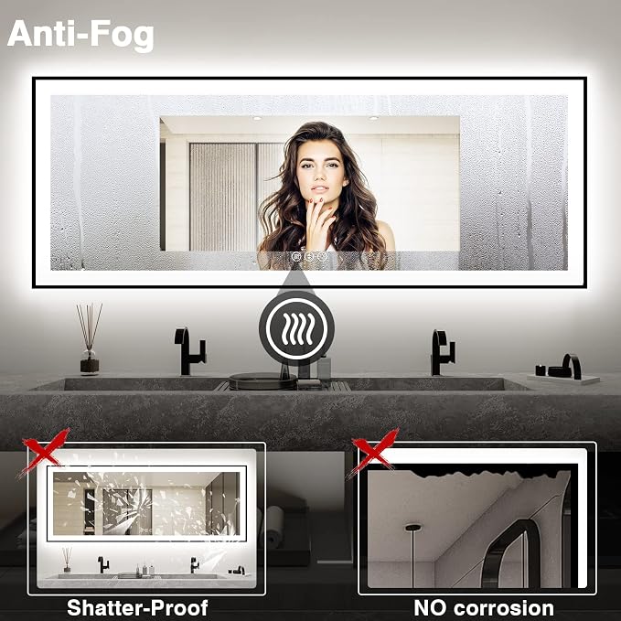EchosLife 96x36 Large LED Bathroom Mirror with Lights - Black Aluminum Trim | Black Frame, Front and Backlit, Anti-Fog, Stepless Dimmable, 3 Colors, Memory, Tempered Glass, UL Listed, Horizontal/Vertical