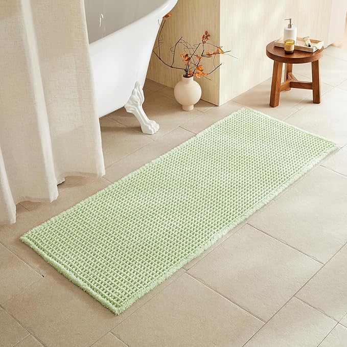 TYUU Waffle Runner Rug Bathroom, Long Boho Bath Mat, 60x24 Pale Green | Super Absorbent Quick Dry Bath Rug, Non-Slip Backing, Soft Waffle Washable Farmhouse Bathroom Mats, Tub, Shower & Home Decor