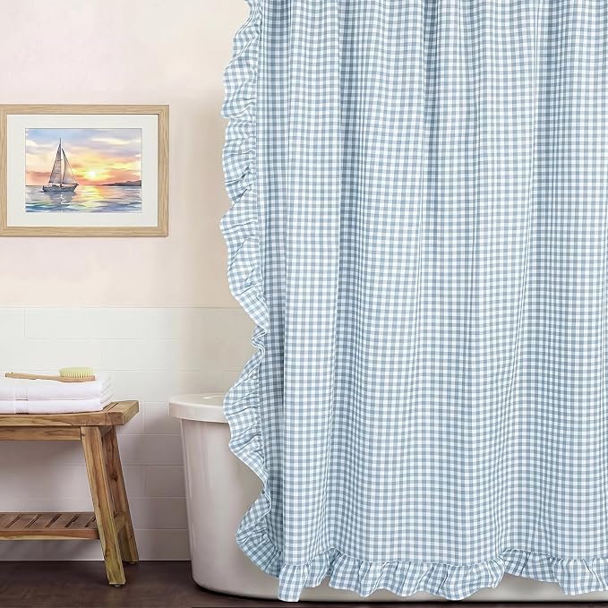 HunnmingRe Ruffled Gingham Shower Curtain Light Blue | 72'' x 72'' Vintage Farmhouse Curtain, Cotton Cottage Core Rural Checkered Plaid Decor, Fall Shower Curtain for Bathroom