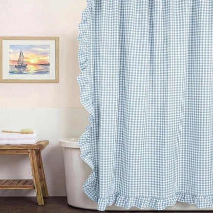 HunnmingRe Ruffled Gingham Shower Curtain Light Blue | 72'' x 72'' Vintage Farmhouse Curtain, Cotton Cottage Core Rural Checkered Plaid Decor, Fall Shower Curtain for Bathroom