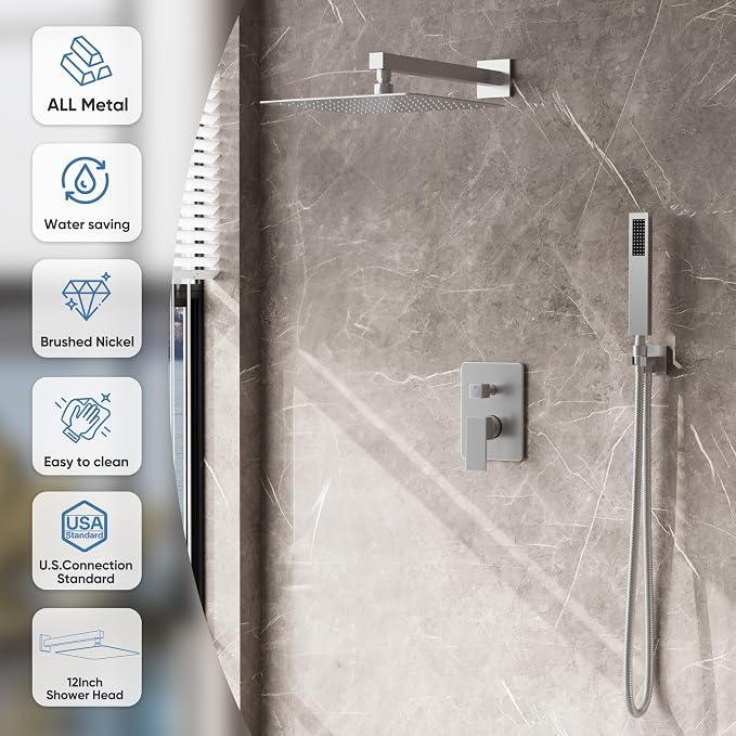 Brushed Nickel Shower Faucet Set with 12-Inch Rain Shower Head | Shower System with Rain Shower Head and Handheld, Wall Mounted High-Pressure Shower Head Combo Set with Shower Valve and Trim
