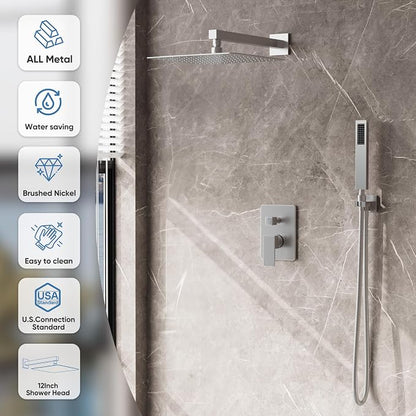 Brushed Nickel Shower Faucet Set with 12-Inch Rain Shower Head | Shower System with Rain Shower Head and Handheld, Wall Mounted High-Pressure Shower Head Combo Set with Shower Valve and Trim