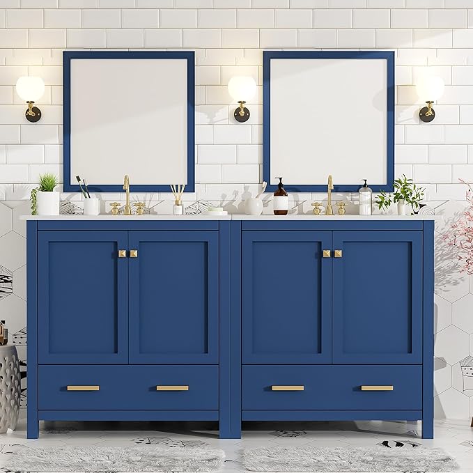 LUMISOL 60" Double Sink Bathroom Vanity, Solid Wood Bathroom Sink Cabinet with 2 Drawers, Storage Racks & 2 Cabinets, Separate 2 Bathroom Vanities with Ceramic Sink, Mirror Not Included, Blue