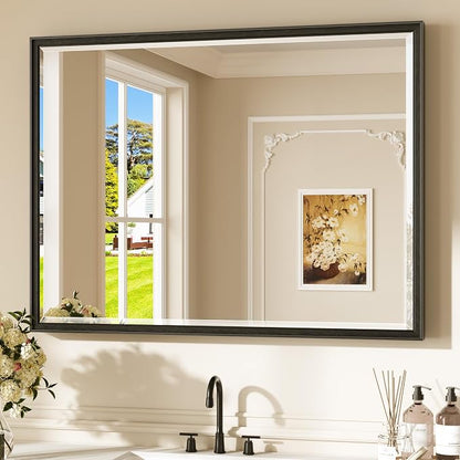 Keonjinn Black Framed Bathroom Mirrors for Over Sink 40" x 30", Aluminum | Tempered Glass with Beveled Edge, Effortless French Cleat Installation, Modern Farmhouse Style, Black Vanity Mirror for Wall