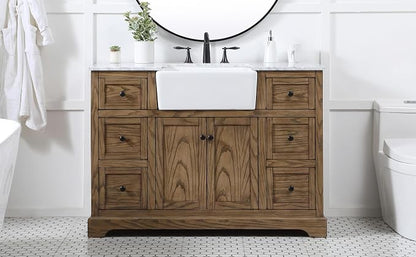 48" Pre-Assembled Bathroom Vanity with Sink, Solid Birch and MDF, Carrara White Marble Countertop Attached, Single Rectangle Porcelain Sink, 6 Soft-Close Drawers, Driftwood