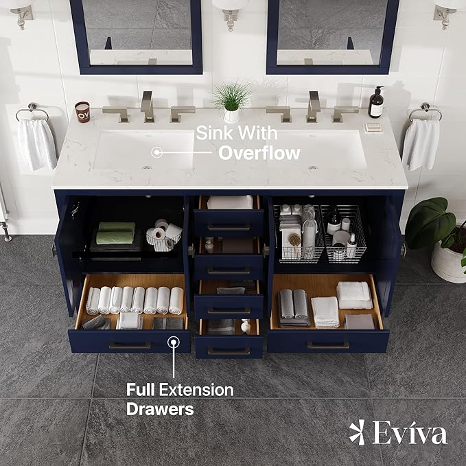 Eviva Aberdeen 60 in. Blue Double Sink Bath Vanity with Carrara Quartz Top and Undermount Porcelain Sinks