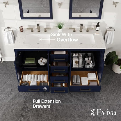 Eviva Aberdeen 60 in. Blue Double Sink Bath Vanity with Carrara Quartz Top and Undermount Porcelain Sinks