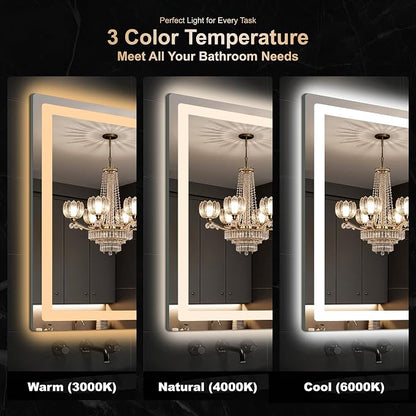 30x20 LED Bathroom Vanity Mirror with Lights, Anti-Fog, Dimmable | Front & Backlit with 3 Color Modes and Memory, 5mm Shatterproof Glass, Plug-in or Hardwired, Horizontal or Vertical