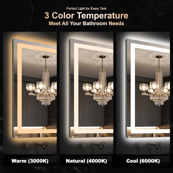 30x30 LED Bathroom Vanity Mirror with Lights, Anti-Fog, Dimmable | Front & Backlit with 3 Color Modes and Memory, 5mm Shatterproof Glass, Plug-in or Hardwired, Horizontal or Vertical