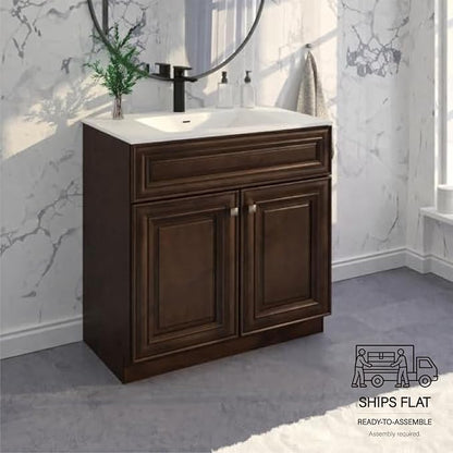 36" Maple Walnut Bathroom Vanity Base – Ready-to-Assemble Sink Cabinet, Freestanding Bathroom Vanity Base Only, No Top or Sink