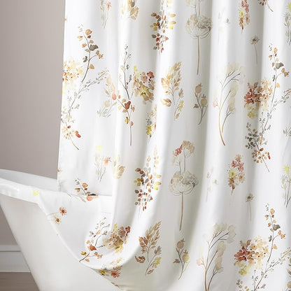 Colorful Floral Stall Shower Curtain, Earthy Terracotta Orange Boho Fabric Shower Curtains Set with Hooks, 36x72