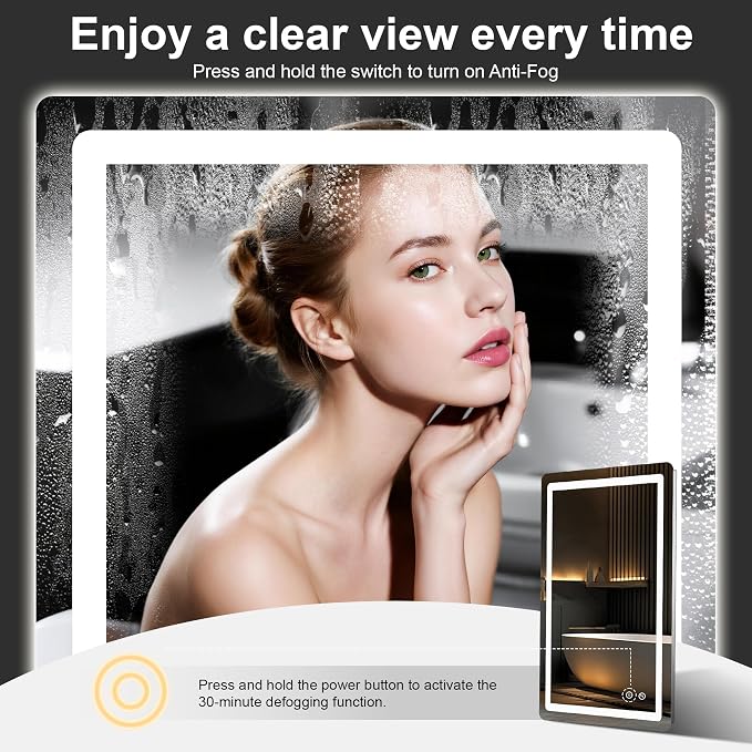 LED Bathroom Vanity Mirror with Lights, 32"x24" Lighted Wall Mirror | Front and Backlit, Anti Fog, Dimmable 3 Color Lighting, Memory Function, Shatterproof Glass, Plug in or Hardwired