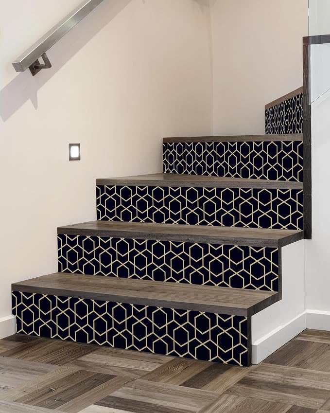 FLFK Stair Riser Decals - Rhombic Black and Gold Texture Stair Stickers Murals Peel and Stick Self-Adhesive for Home Decor, 39.3" W x 7.08" H x 13Pcs