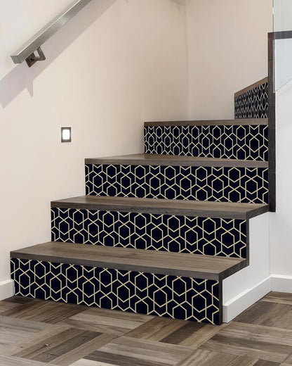 FLFK Stair Riser Decals - Rhombic Black and Gold Texture Stair Stickers Murals Peel and Stick Self-Adhesive for Home Decor, 39.3" W x 7.08" H x 13Pcs