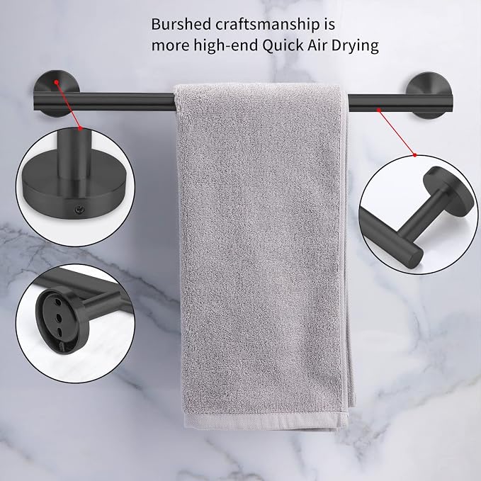 Cilee 10 Piece Matte Black Bathroom Accessories Set, 24 inch Towel Bar Set | Black Towel Bar Ring + Toilet Paper Holder + Robe Towel Hook, Stainless Steel Bathroon Hardware Set