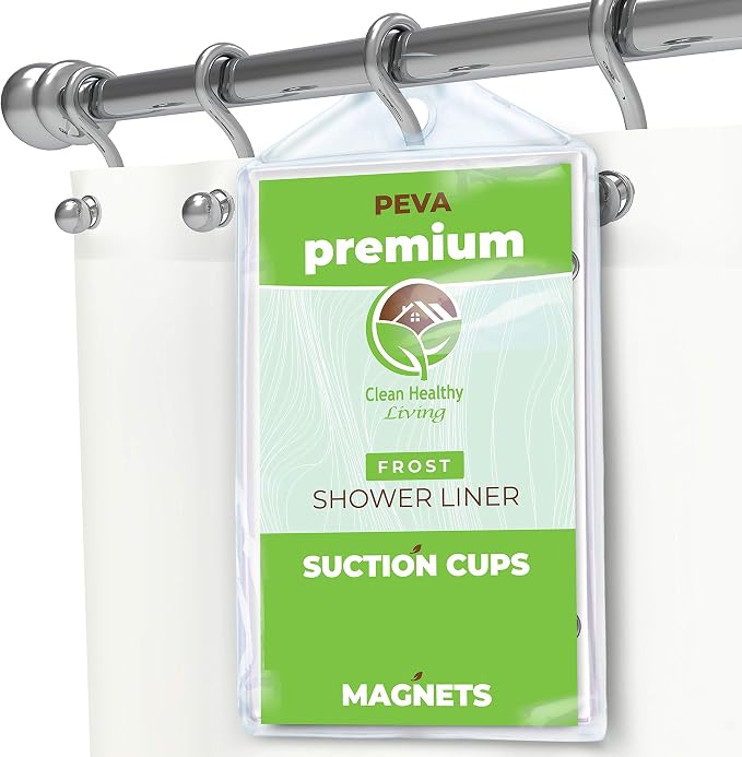 Clean Healthy Living PEVA Shower Curtain Liner, Frost, 96 x 71 in, Premium | Premium PEVA shower liner, Frost, 96 x 71 in; magnets and suction cups help reduce shifting along the tub or shower.