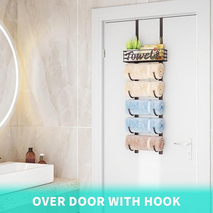 HapiRm Towel Racks for Bathroom Storage - 6 Tier Over The Door & Wall Mount Rolled Towel Storage Organizer Holder with Metal Shelf Basket for Small Bathroom, Camper, Rv - Bronze, Patented