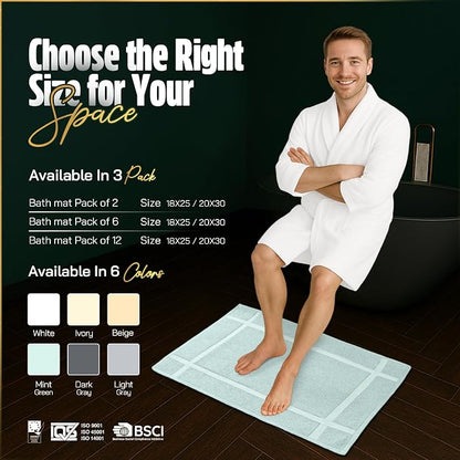 Pearl Linens Pack of 2 100% Cotton Bath Mat 18x25 inches, Soft & Absorbent Quick Dry Bathroom Mat Set, Not Bathroom Rugs, After Shower Mat, Bath Tub Mat, 781 GSM, Machine Washable, Mint Green