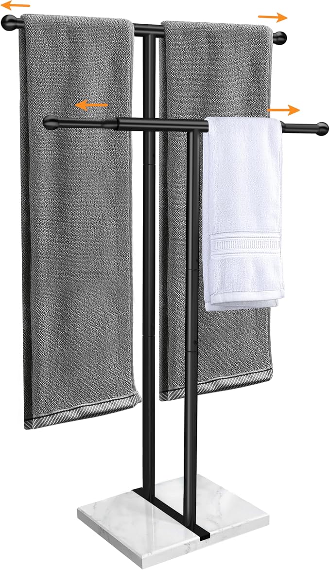 Kayfia 40'' Stainless Steel Towel Rack, Weighted Marble Base, 2 Tier | Width Adjustable Taller Design, Brushed Stainless Steel , Stable Weighted Base, Suitable For Multiple Bathroom Spaces, Black