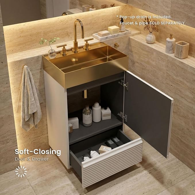 20″ Bathroom Vanity with Sink, Mid-Century Modern Fluted Style, Matte White | Gold Stainless Steel Sink, Soft-Close Drawer & Door, Organized Storage for Small Space, Powder Room, Apartment, Hotel