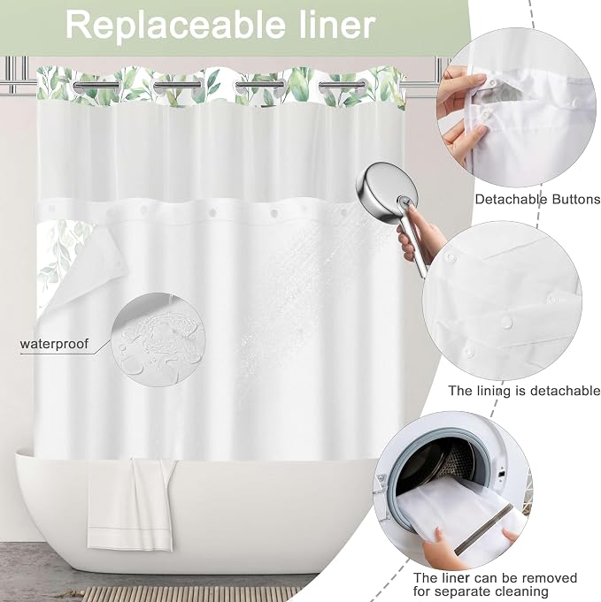 No Hook Shower Curtain and Liner Set, Mint Green Eucalyptus 71x74 | Floral Design, with Snap in Liner, Waterproof, Machine Washable, Quick-Drying, for Hotel Bathroom