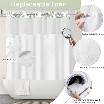 No Hook Shower Curtain and Liner Set, Mint Green Eucalyptus 71x74 | Floral Design, with Snap in Liner, Waterproof, Machine Washable, Quick-Drying, for Hotel Bathroom