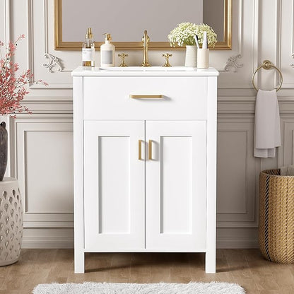 24" Bathroom Vanity with Sink, Modern Bathroom Vanity 24 Inch with Sink, 24 Bathroom Sink Vanity with Flip Drawer, Cabinet and Door Shelves, 24" Vanity with Sink for Bathroom (White)