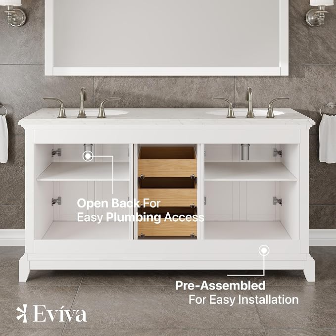 Elite Stamford 60 in. White Double Sink Bath Vanity with Carrara Quartz Top