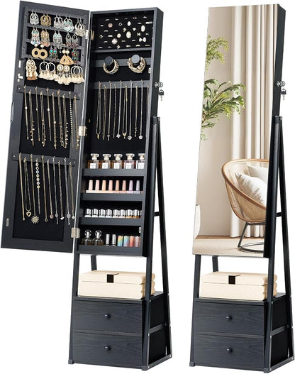 Nicetree Jewelry Cabinet Armoire, 2 Drawers, Full Length Mirror, Black | Standing Mirror Jewelry Cabinet, Lockable Jewelry Armoire with Mirror, Adjustable Angles, Easy Assembly, Gift Idea, HD Glass