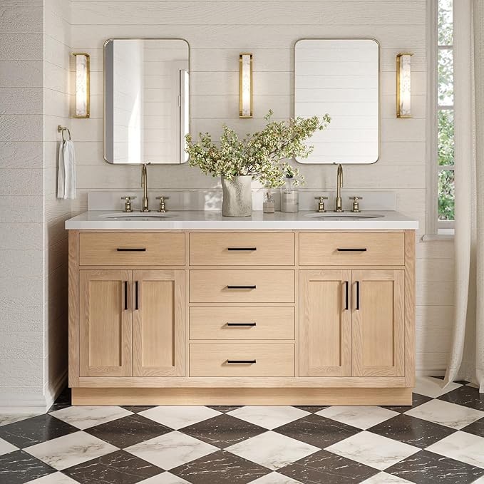 ARIEL Hepburn 66-inch Bathroom Vanity with Sink,Solid Wood, 1.5-inch Pure White Quartz Countertop & Backsplash, Double Oval Porcelain Sink, 4 Soft Closing Doors, 6 Dovetail Drawers, White Oak