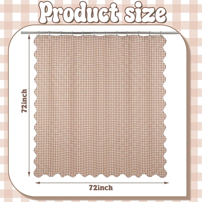 HunnmingRe Scalloped Gingham Shower Curtain Taupe | 72'' x 72'' Vintage Farmhouse Curtain, Cotton Cottage Core Rural Checkered Plaid Decor, Fall Shower Curtain for Bathroom